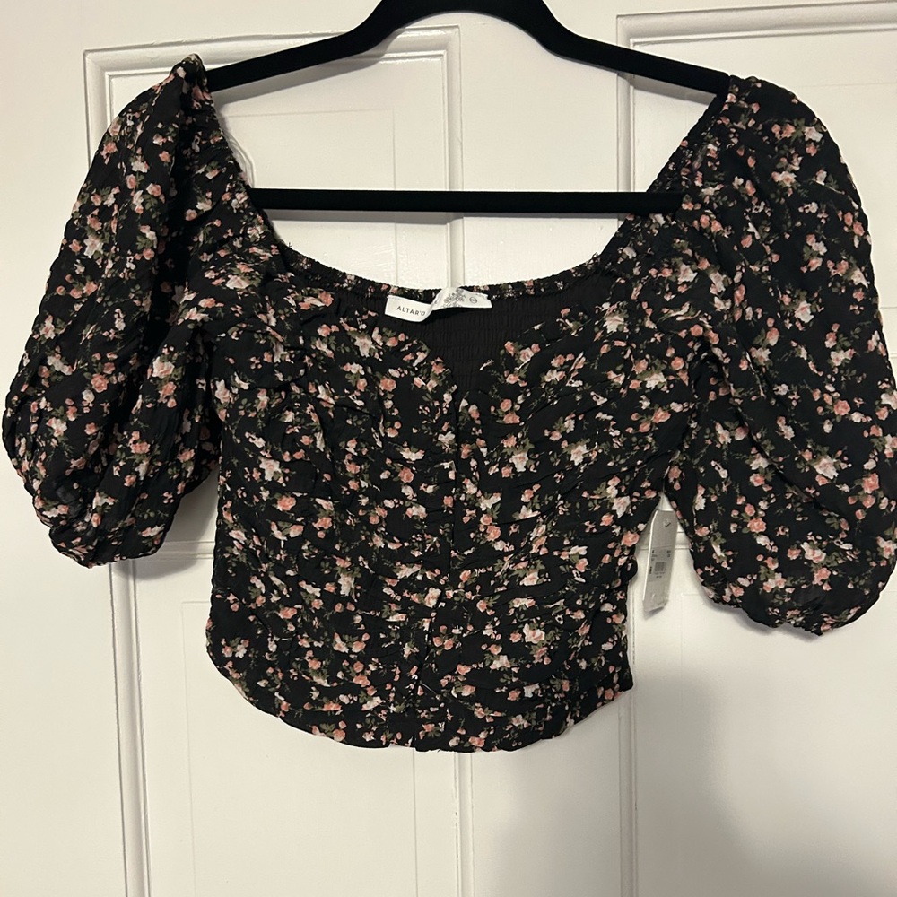 Altar'd State Black Floral Puff-Sleeve Smocked Crop Top